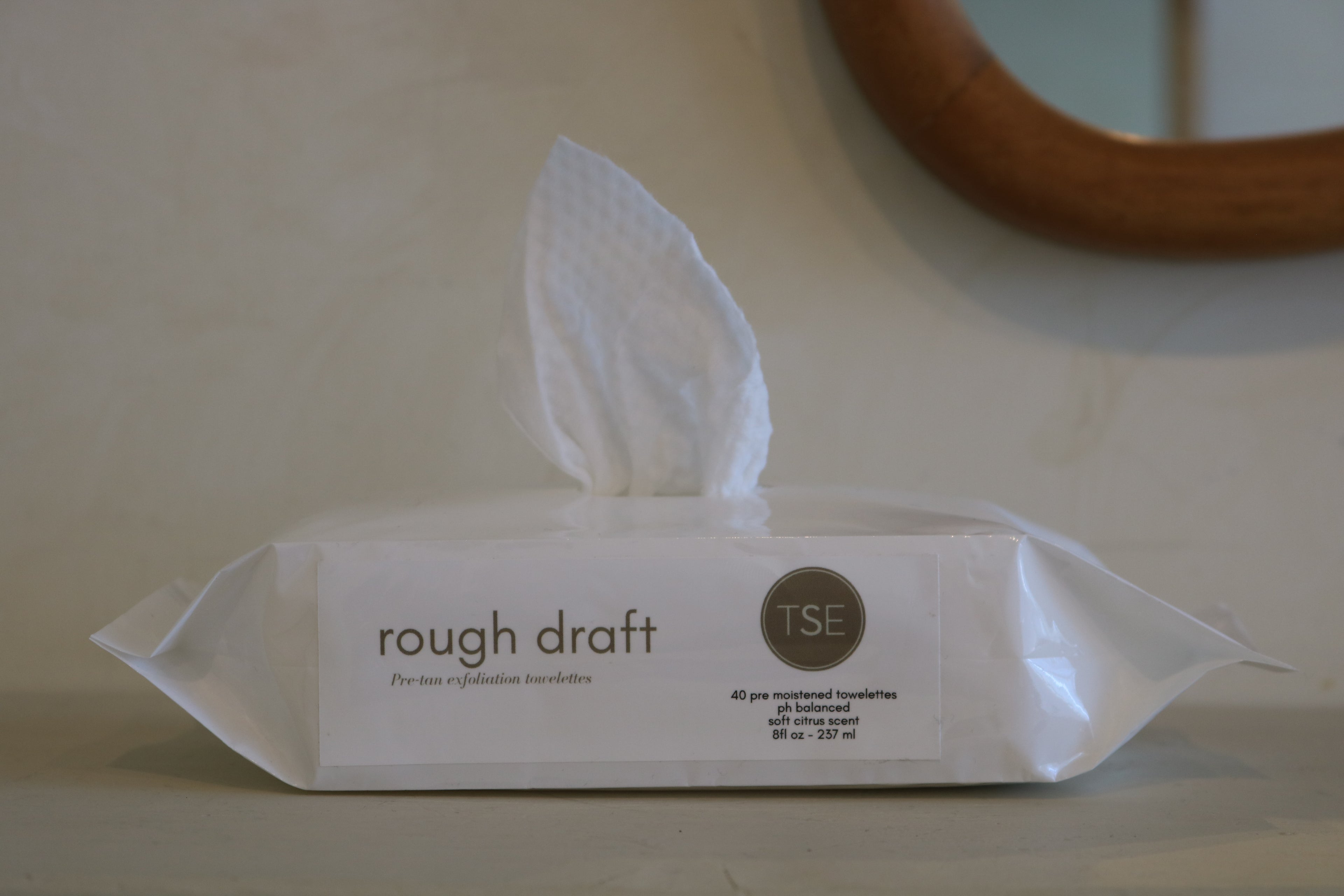 Pack of TSE rough draft wipes on a neutral background